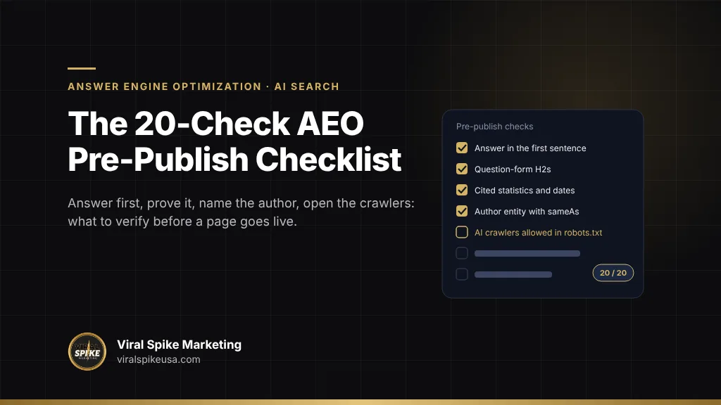 Answer engine optimization checklist: 20 pre-publish checks for content that AI answers can cite