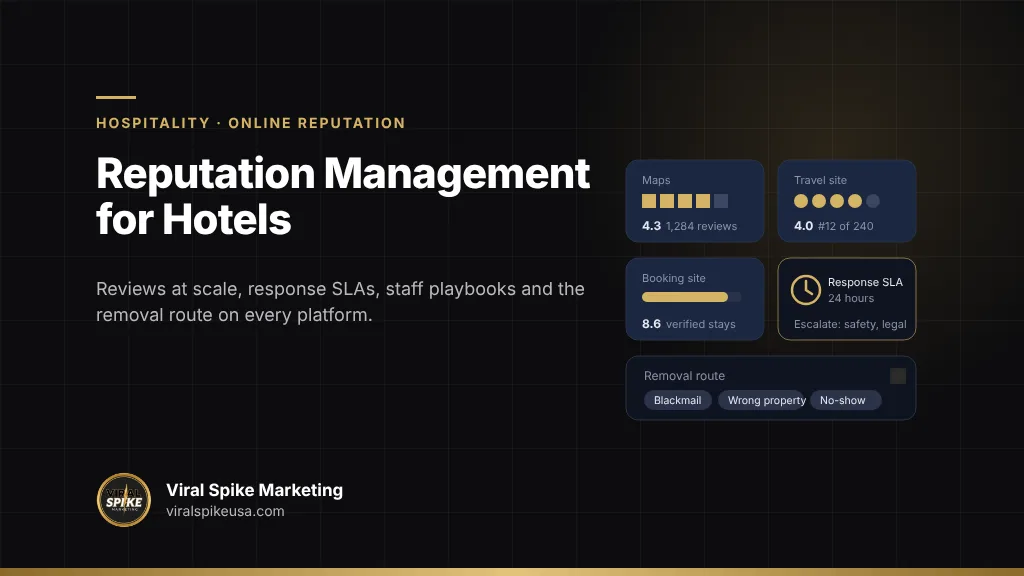 Reputation management for hotels and restaurants: reviews at scale across Google, Tripadvisor, Yelp, Booking.com and Expedia, response SLAs and removal routes