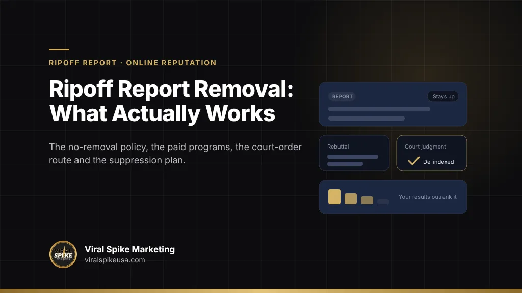 Ripoff Report removal: the site's no-removal policy, its paid programs, court orders, Google de-indexing and suppression